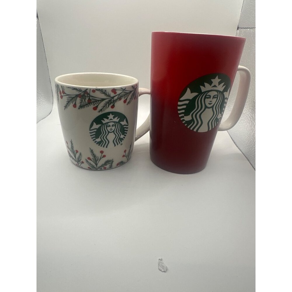 Starbucks Red Holiday Mug 16 Fl Oz & Festive 12 Fl Oz Bone China Mug Set Microwa